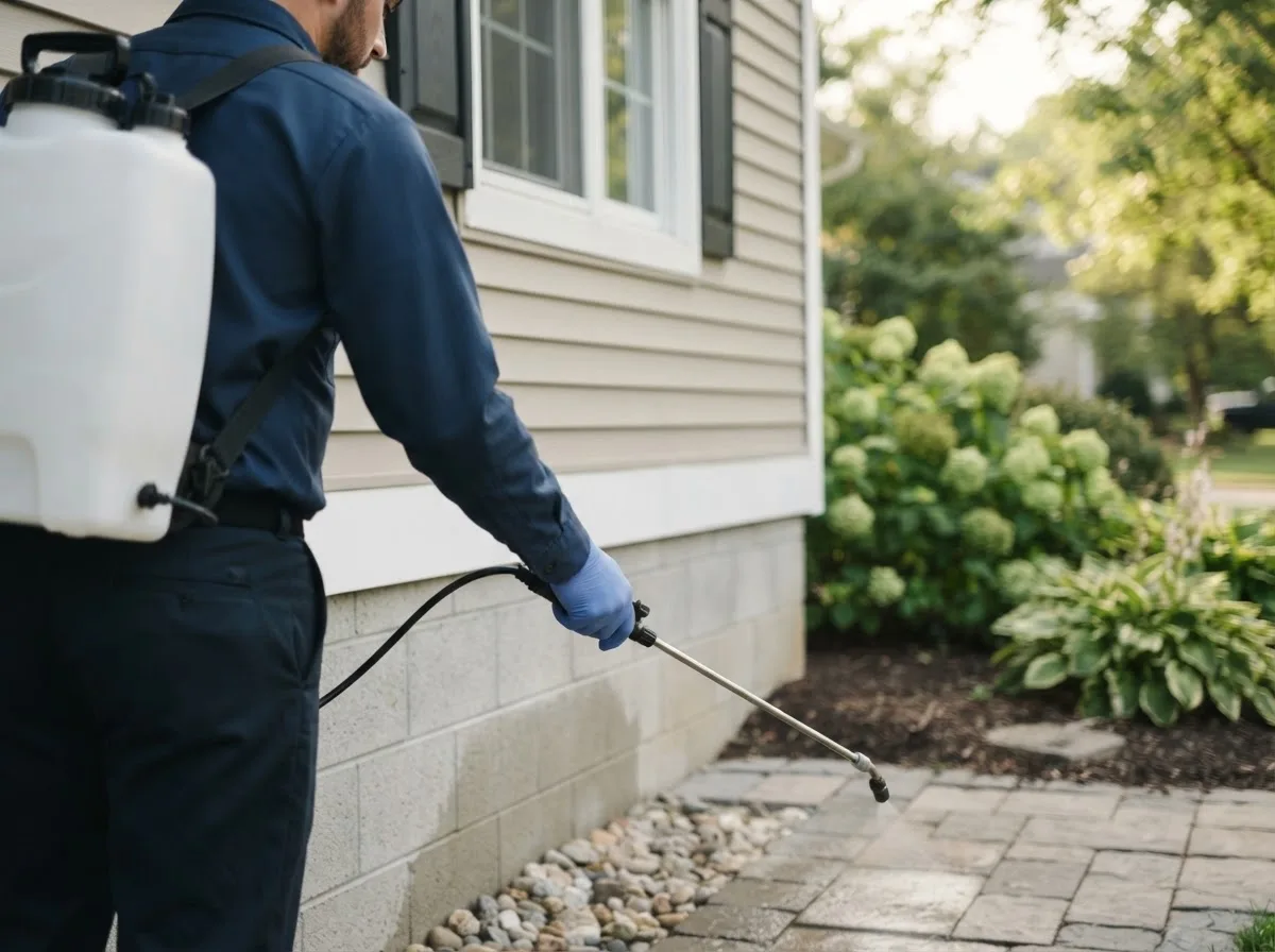 Pest control technician inspecting a home in Waterloo, NE